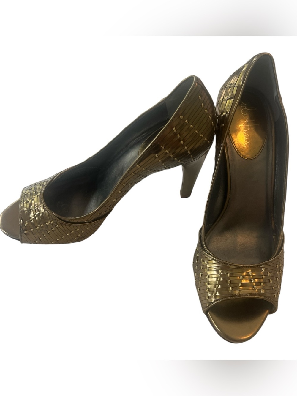 Cole Haan Nike Air Bronze Metallic Woven Leather Peep Toe Pumps